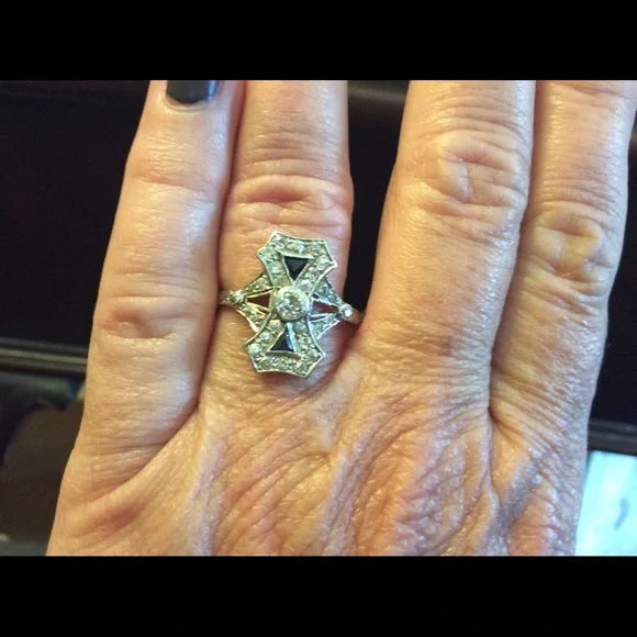 Vintage Art Deco Euro Diamond & Sapphire Ring sz 8 - Picture 3 of 10